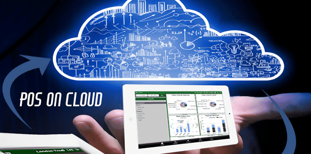A cloud-based POS system with a glowing cloud and a tablet displaying business analytics.