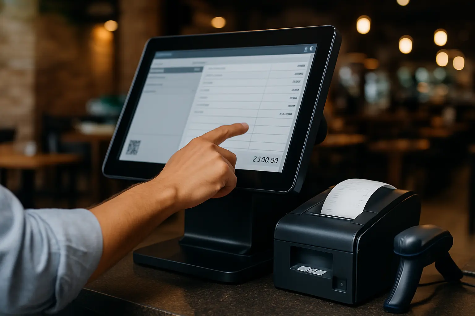 Close-up of a modern POS system with a receipt printer and barcode scanner in a retail environment.