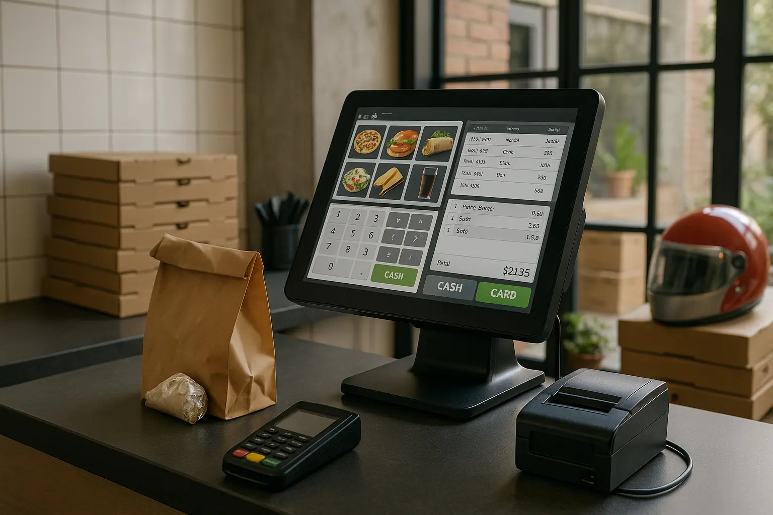 Discover a realistic view of a high-performance POS system tailored for takeaway and delivery restaurants. Featuring a sleek touchscreen interface, contactless payment options, and organized packaging—ideal for boosting speed and customer satisfaction.