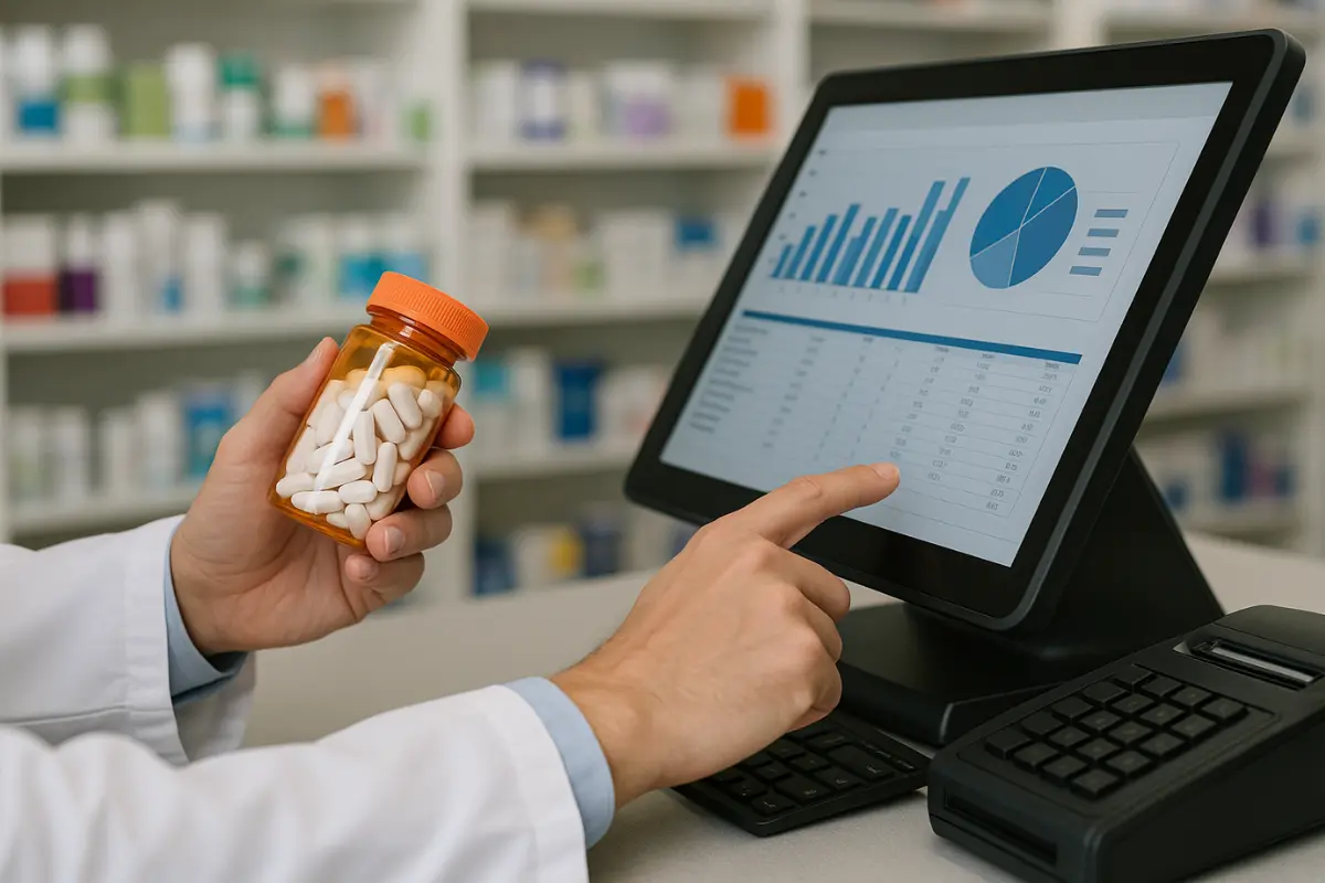 The image features a close-up of a pharmacist in a clinical setting, engaging with a touchscreen POS system. The pharmacist holds a medication bottle in one hand, indicating the process of managing or verifying stock. Behind the counter, pharmacy shelves are lined with a variety of pharmaceutical products, all arranged in a clean and orderly fashion. The scene is softly lit, emphasizing efficiency and professionalism in a modern pharmacy environment.