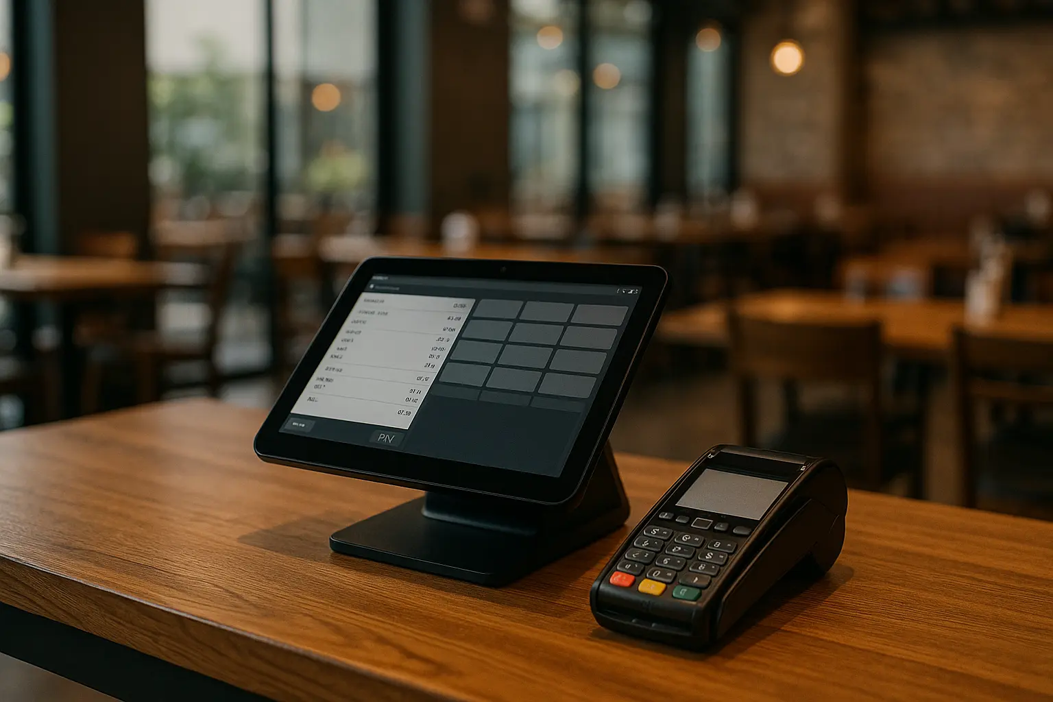 A realistic photo of a cloud-based POS setup in a restaurant, showing a touchscreen device and payment terminal on a wooden counter.