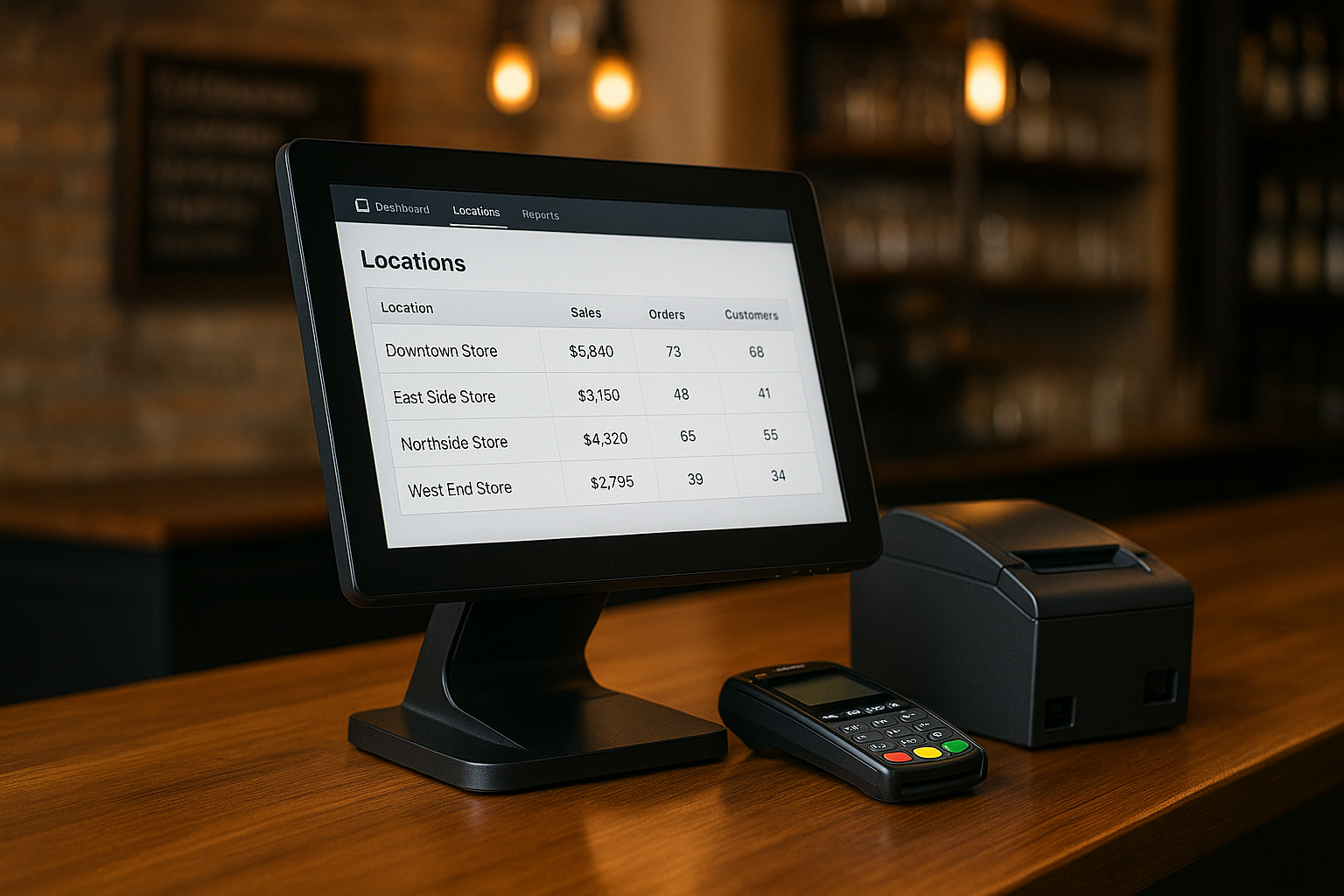 A modern POS system displaying multi-location store data in a cozy retail setup.