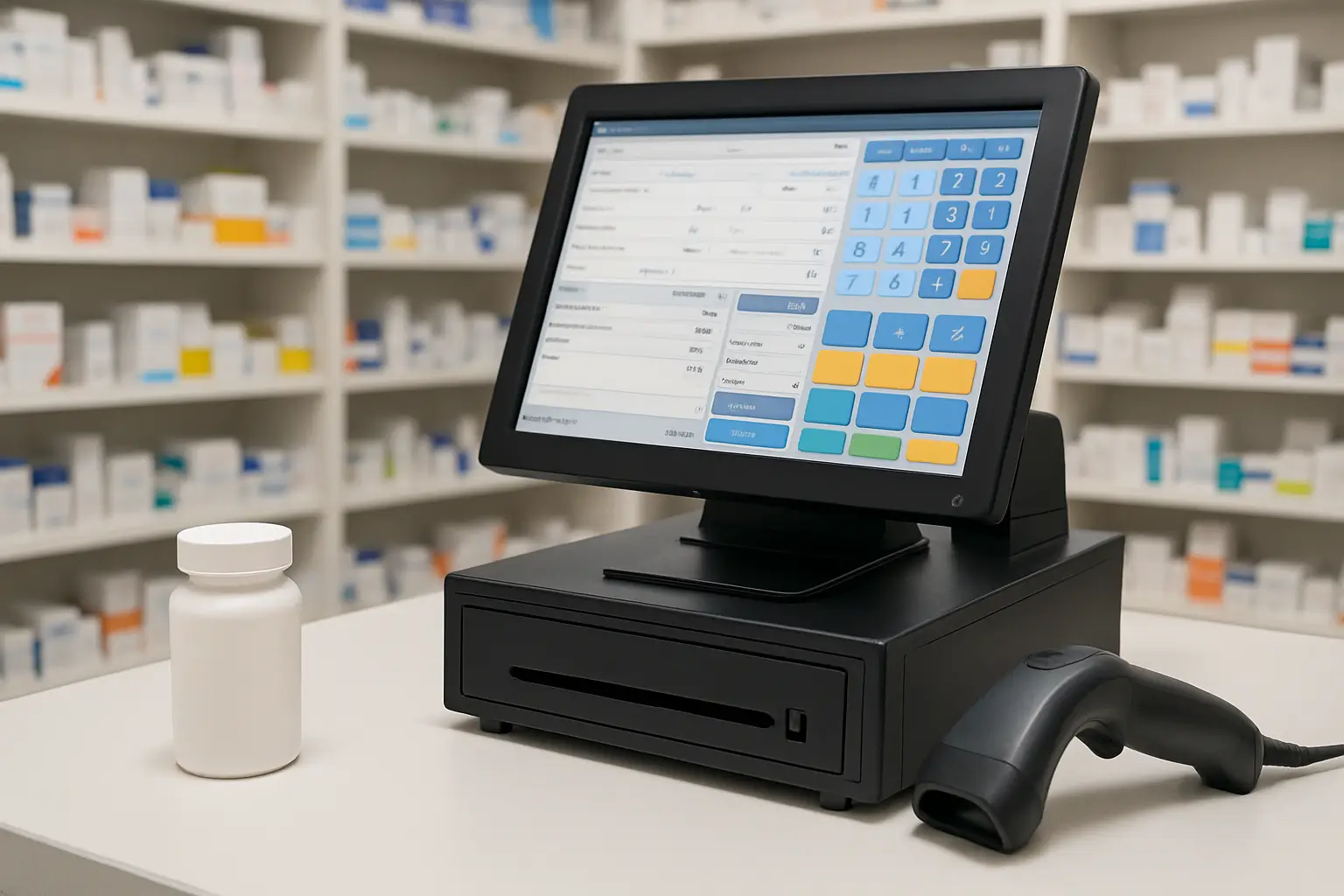 Automated POS system streamlining pharmacy operations in a modern retail setting.
