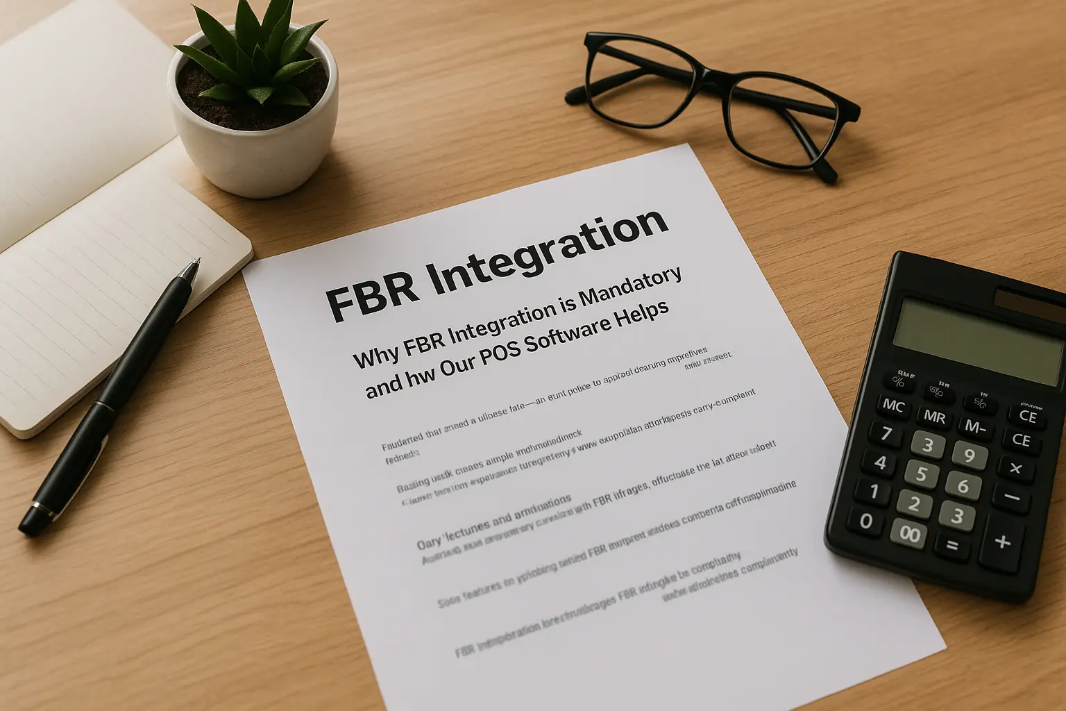 FBR integration document on a wooden desk with calculator, glasses, notebook, and pen