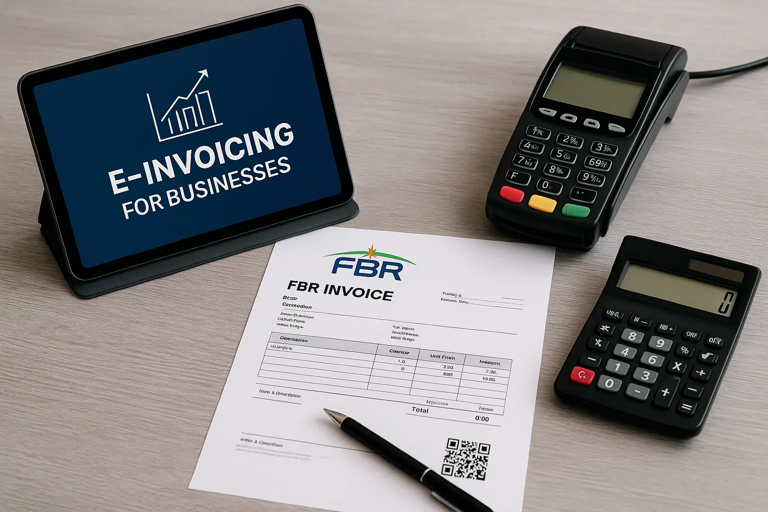 Realistic image showing a POS terminal, calculator, and FBR e-invoice setup