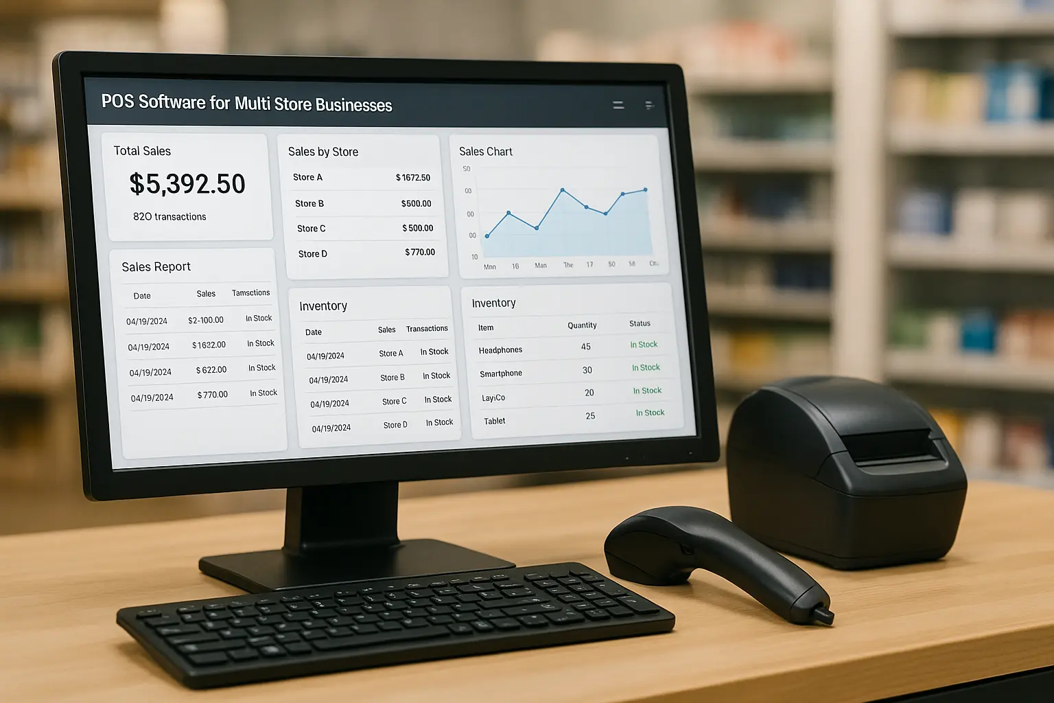 POS system dashboard showing sales, inventory, and store performance for multi-store business management.