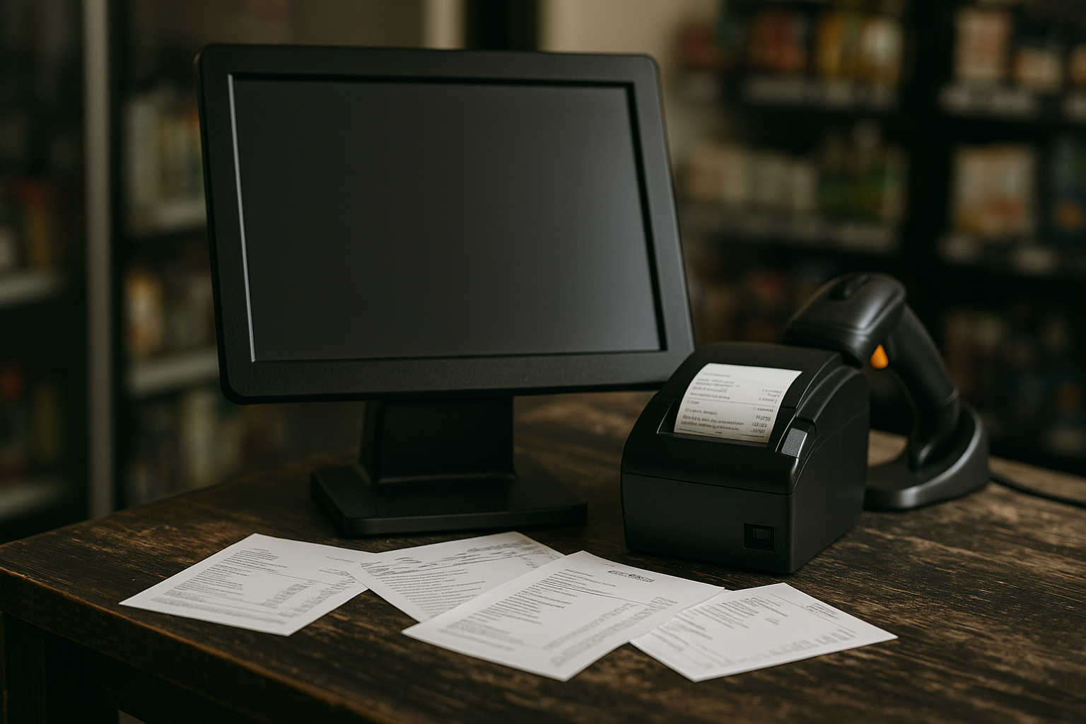 Black-screen POS system with a receipt printer