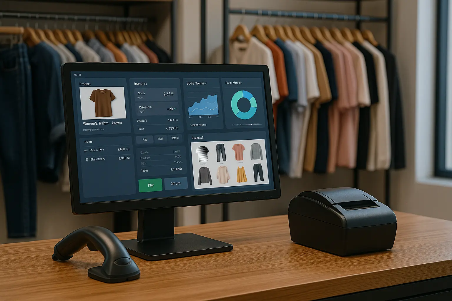 POS software interface displaying garment inventory, sales data, and variant management