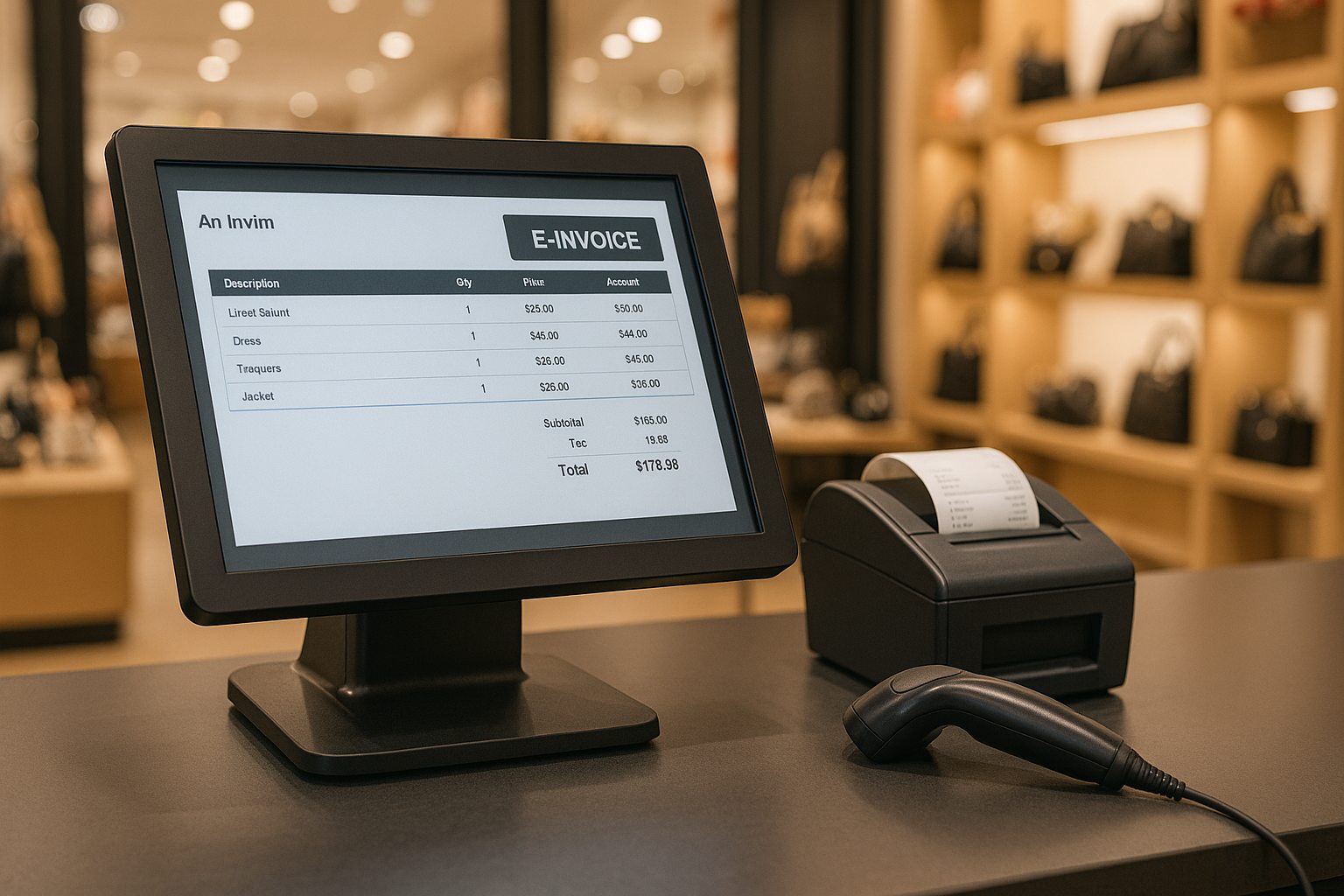 POS system on a retail counter displaying an e-invoice alongside a receipt printer and barcode scanner.
