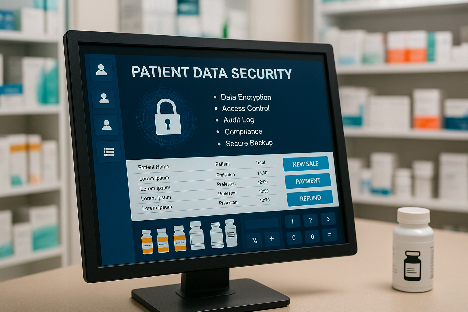 Pharmacy POS system displaying patient data security features