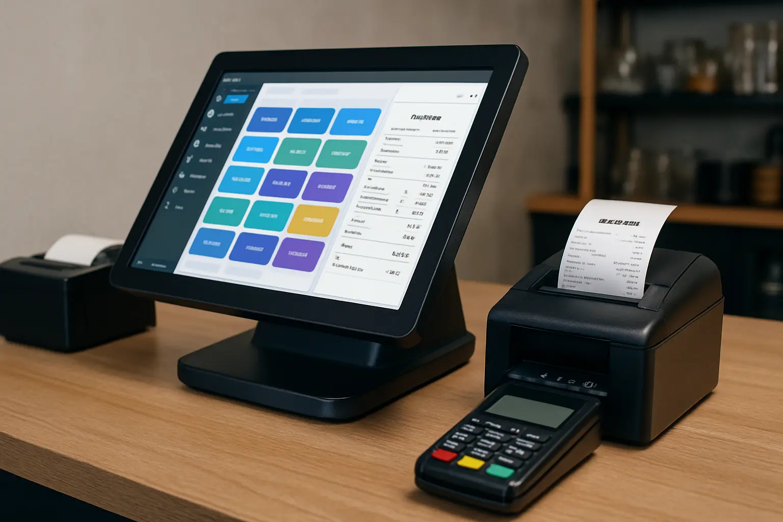 Realistic setup of a POS system integrated with FBR invoicing and payment terminal.