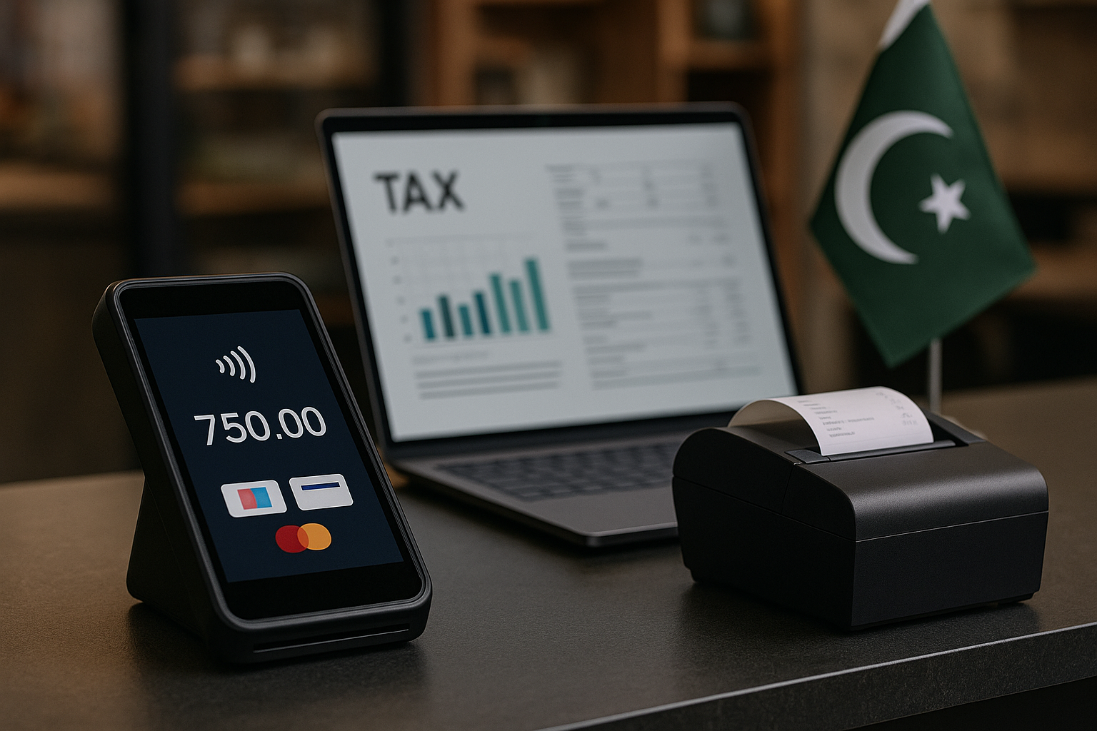 Modern POS system with integrated tax reporting setup in Pakistan's digital tax era.
