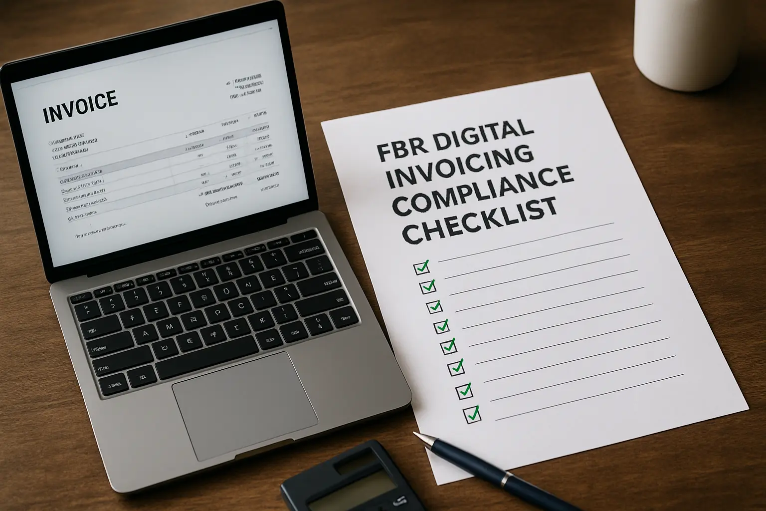 A realistic workspace displaying an FBR digital invoice on a laptop and a printed compliance checklist, representing modern tax compliance in Pakistan.