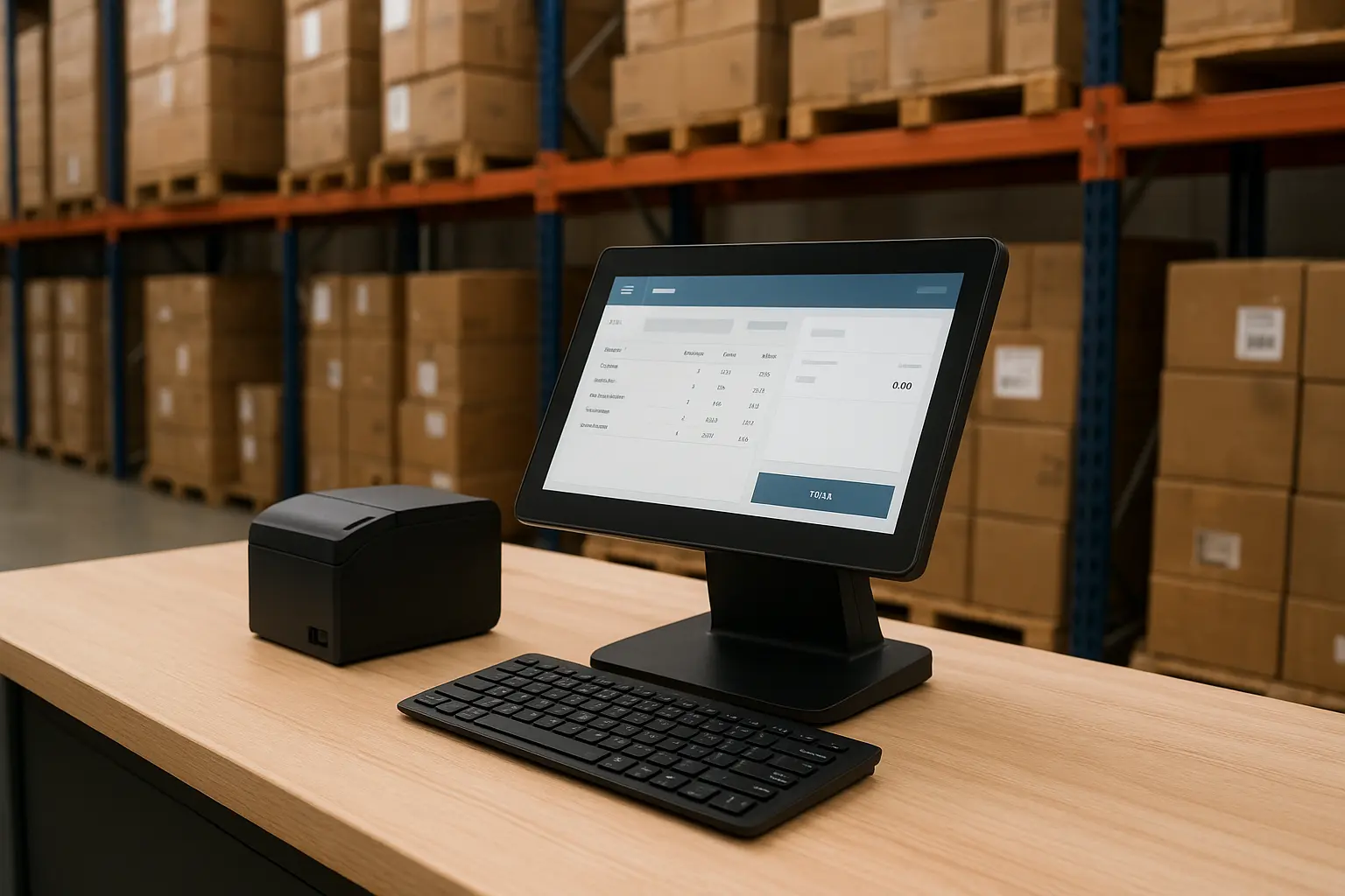 POS system in a wholesale warehouse managing bulk orders and stock levels