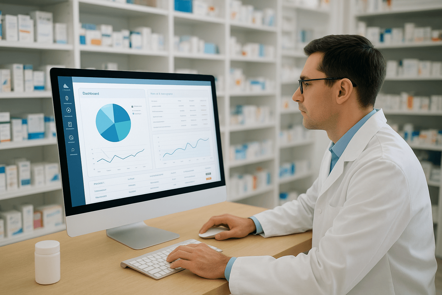 Pharmacist reviewing prescriptions and inventory using digital pharmacy software for efficient pharmacy management