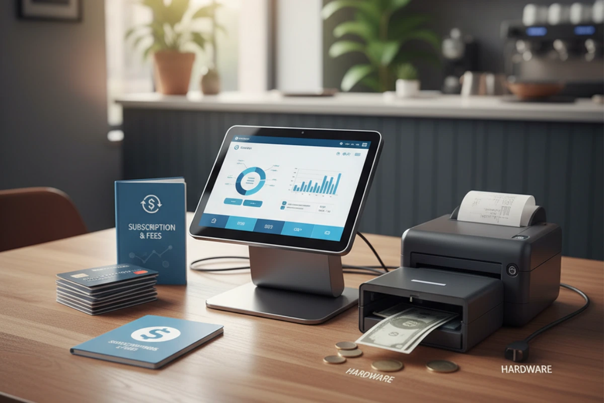 POS pricing with subscription, transaction fees, and hardware costs
