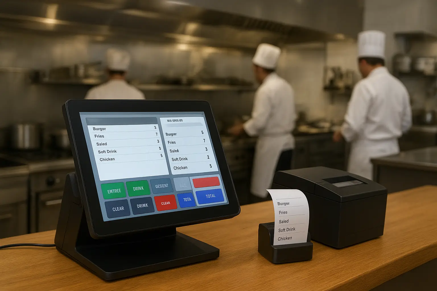 POS with kitchen order tracking system in a restaurant kitchen