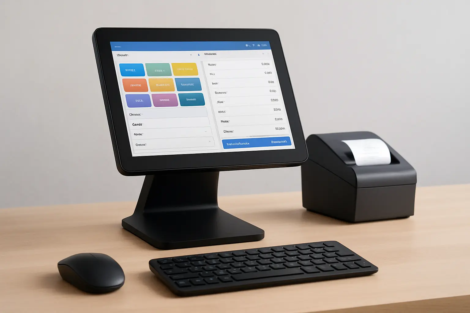 A modern POS software system displayed on a clean wooden counter with a touchscreen, keyboard, and receipt printer.