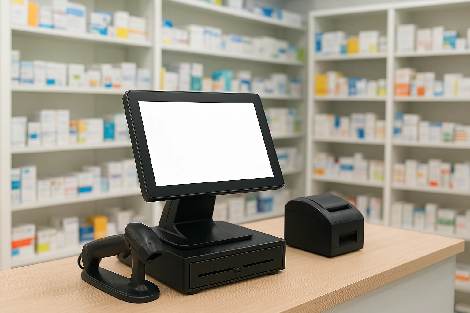 Modern pharmacy checkout counter with POS software system.