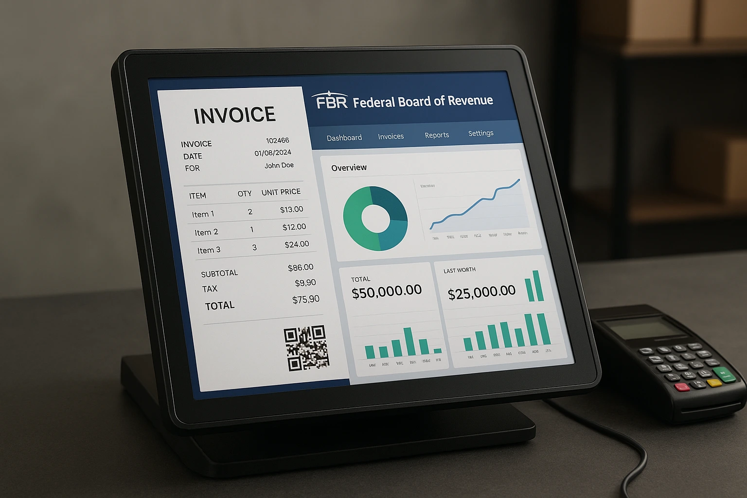 Artificial intelligence analyzing FBR digital invoicing dashboard with data and graphs