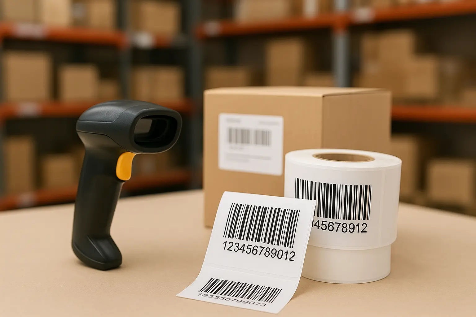 Barcode scanner and printed barcode labels used for inventory tracking in a warehouse.