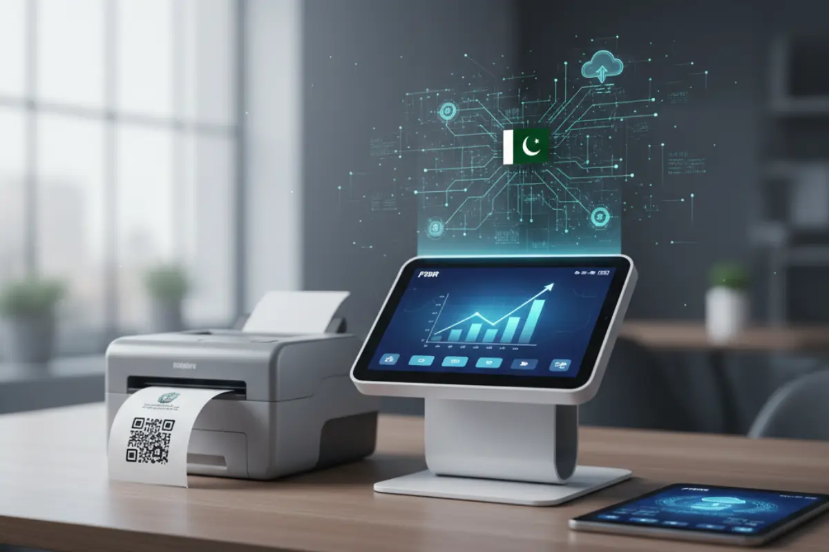 Future-proof your business. This image illustrates the seamless, real-time connection established by POS software with FBR digital invoicing integration, ensuring compliance, efficiency, and accurate sales tracking via a verifiable QR code.