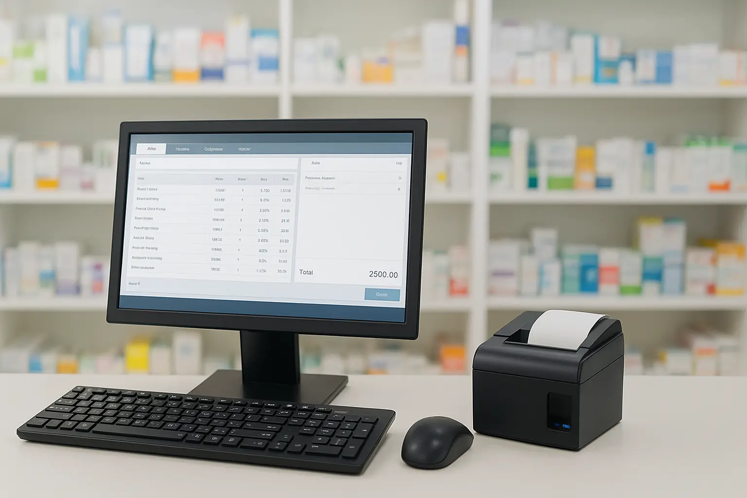 POS system setup in a modern pharmacy with computer and receipt printer