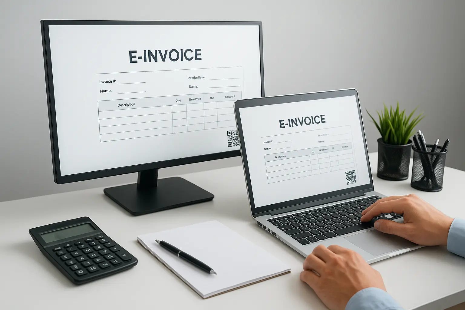 A modern workspace displaying FBR e-invoicing software on computer screens for digital tax compliance