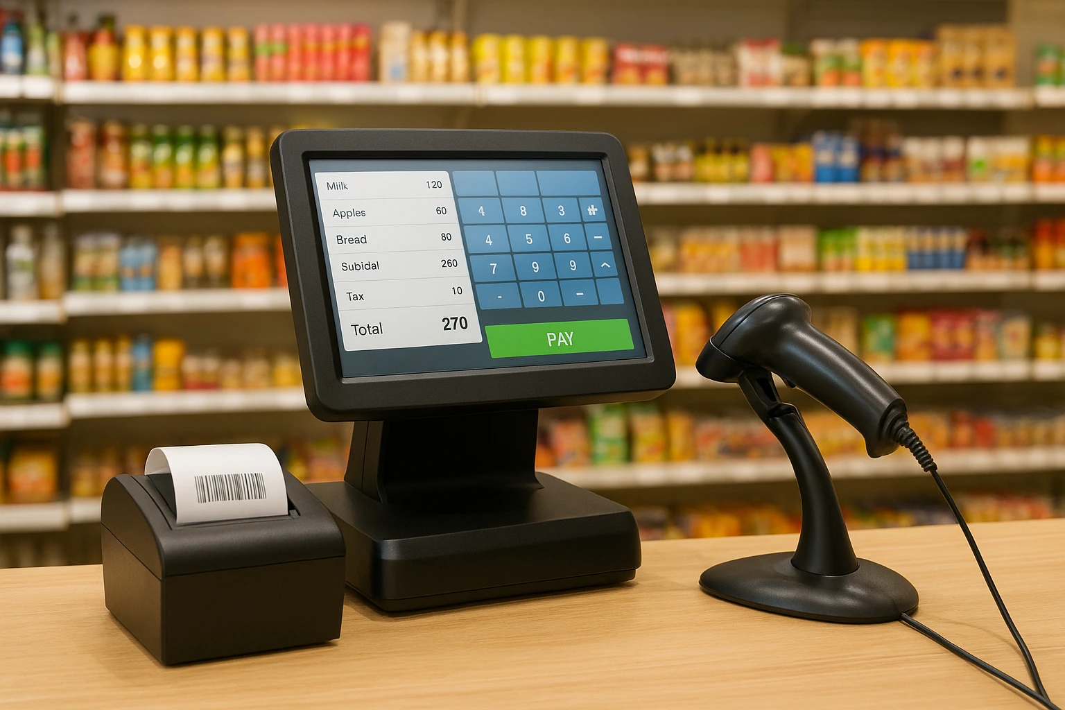 A modern retail counter with a digital POS system and barcode scanner, representing advanced POS software for grocery and retail stores in Pakistan.
