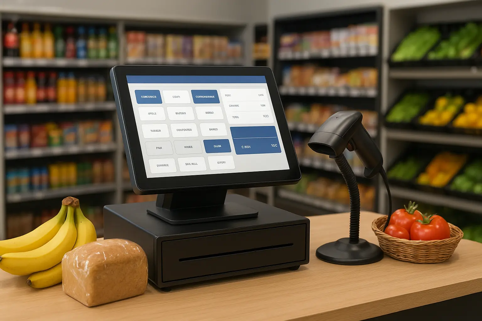 POS system interface displaying product listings and sales analytics for retail and grocery stores