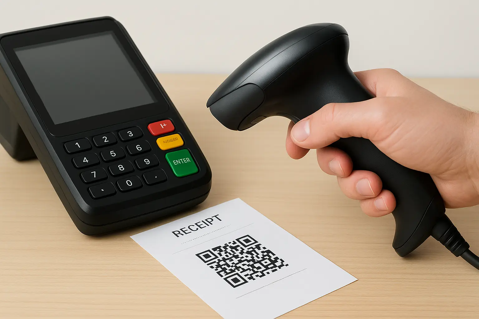 A POS terminal and barcode scanner processing a QR-coded receipt for FBR compliance.