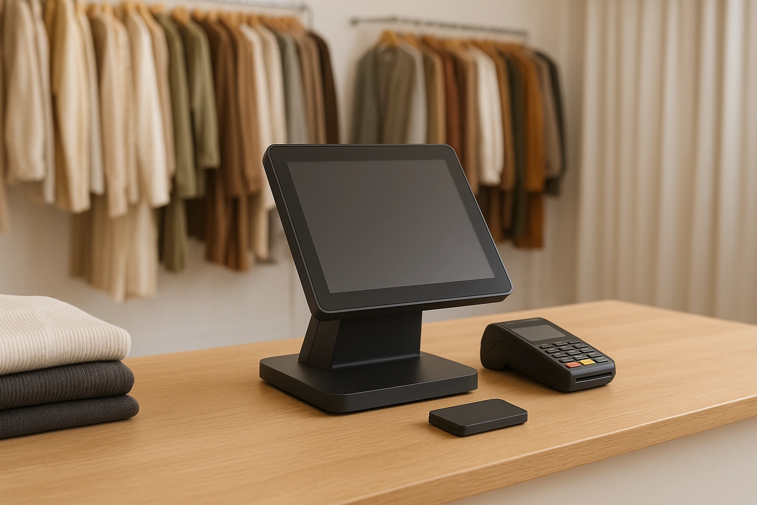 Modern retail POS terminal setup in a garment store environment