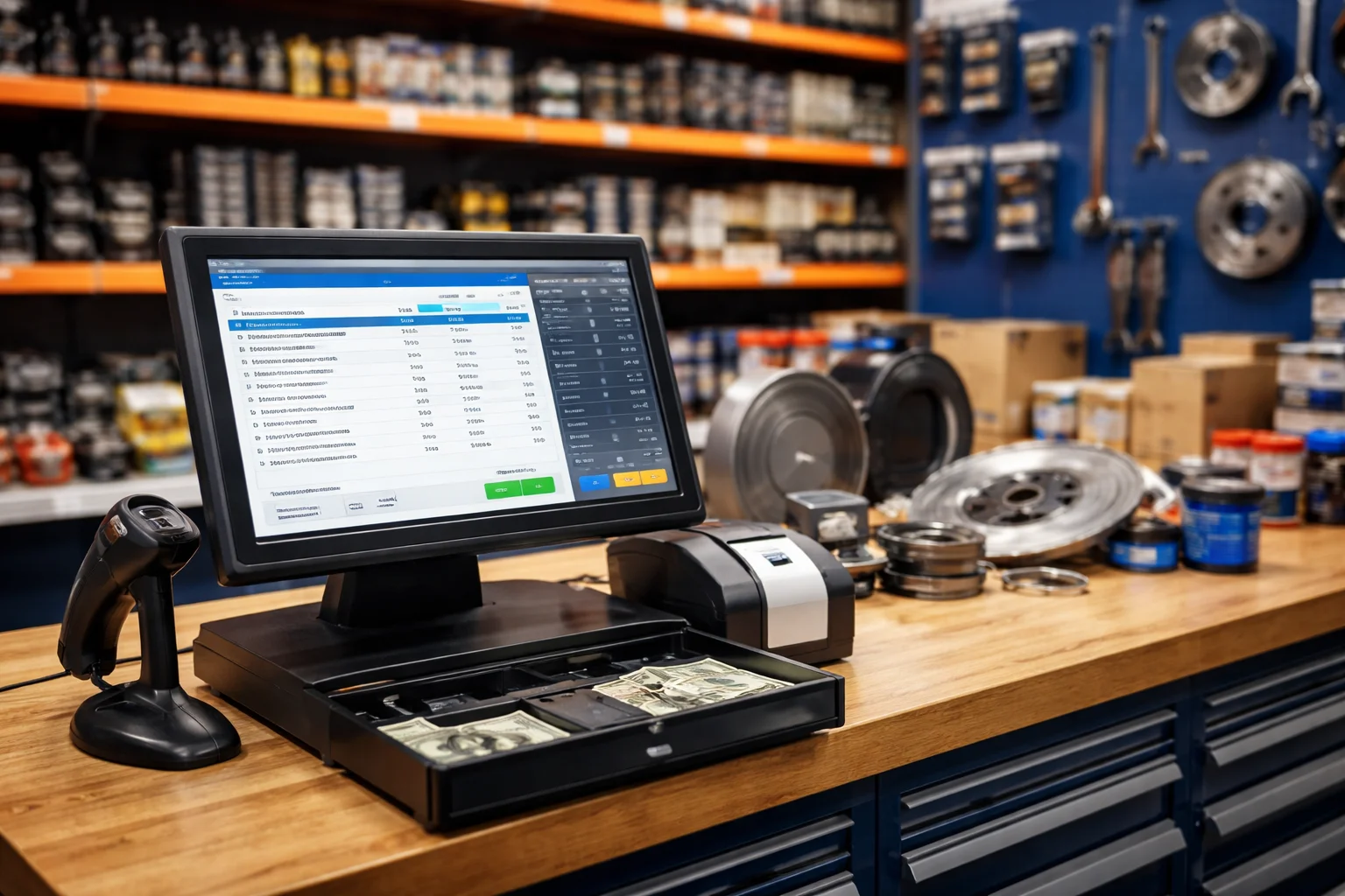 Auto parts store counter with POS system, barcode scanner, and organized shelves of car parts
