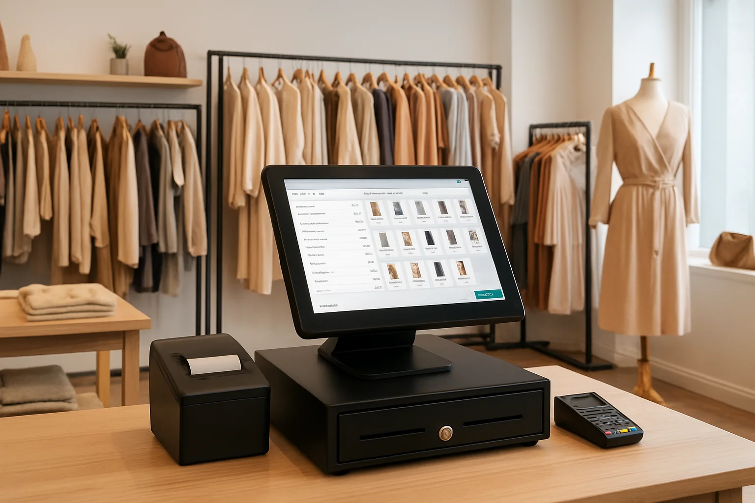 A modern boutique POS system placed inside a clothing store for smooth billing and inventory control.