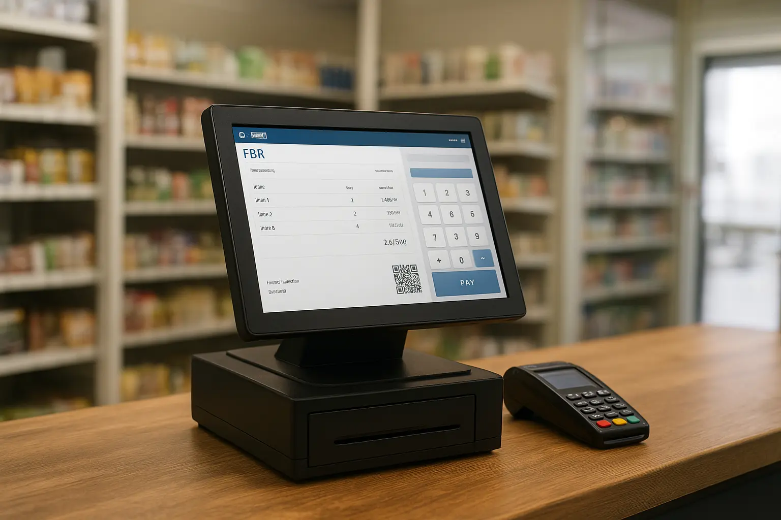 A modern POS system generating an FBR-verified digital invoice in a retail store.