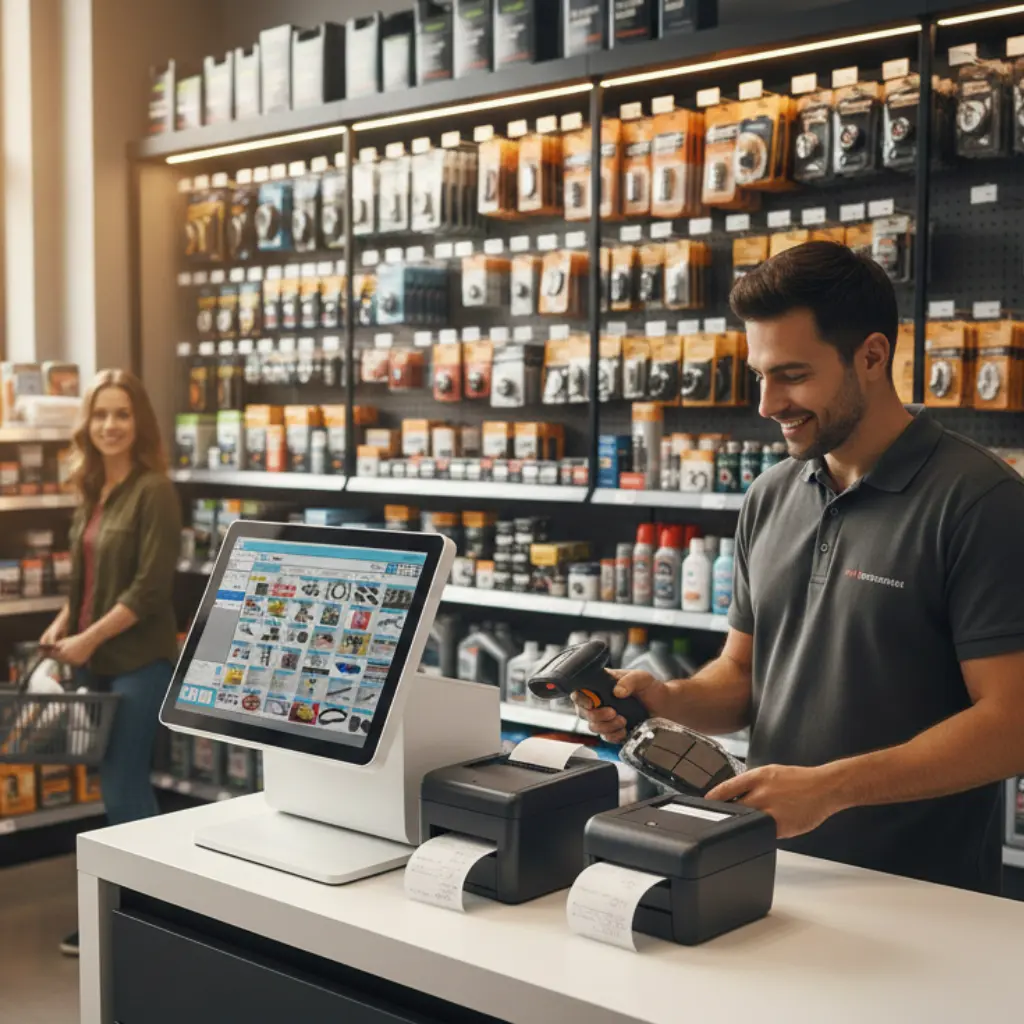 A modern auto parts store in Pakistan featuring a professional point-of-sale (POS) system with a touchscreen terminal, barcode scanner, and organized shelves of automotive spare parts.