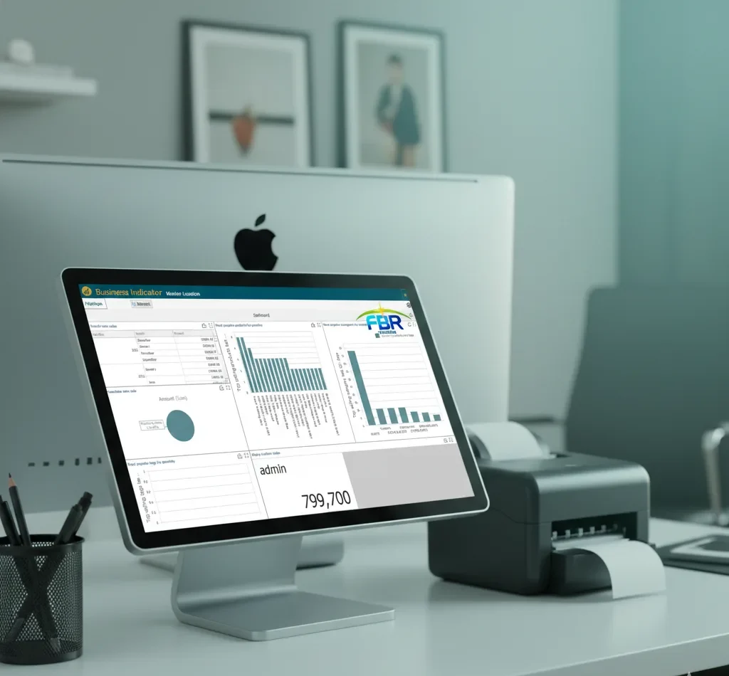 Modern POS system screen displaying a real-time digital tax verification dashboard, featuring a government-style tax emblem, positioned next to a receipt printer and computer in a compliance-focused, soft blue-green lit office environment.