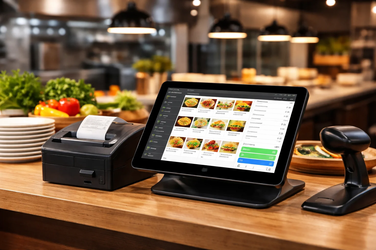 Modern restaurant POS system on wooden counter with touchscreen displaying menu