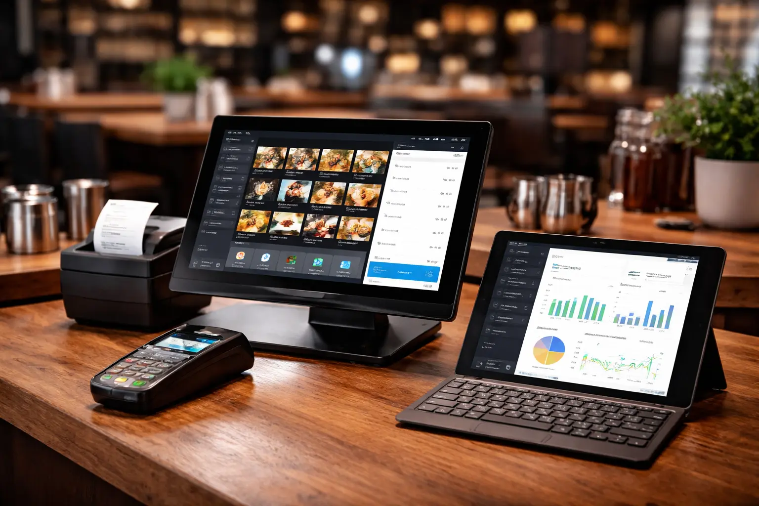All-in-One Restaurant POS System showing billing inventory orders and reports dashboard