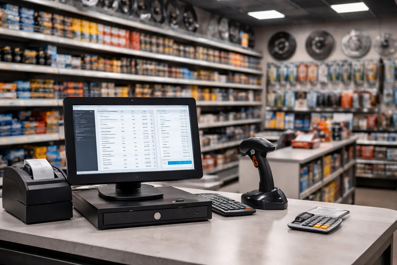 Complete Auto Parts POS system setup in a spare parts shop with billing screen, barcode scanner, and organized auto inventory shelves