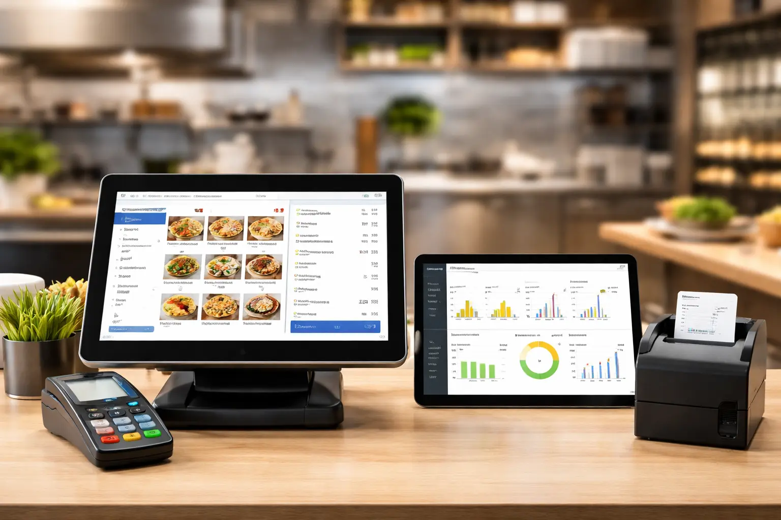 Restaurant POS management system for billing, inventory tracking and online order processing in a modern restaurant setup