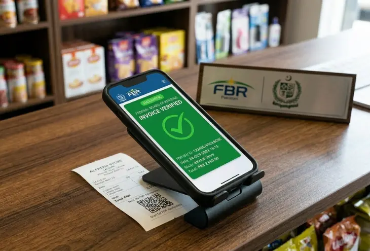 A smartphone showing a successful FBR invoice verification checkmark after scanning a retail receipt QR code