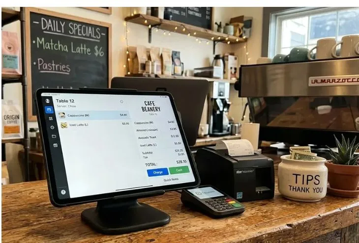 A handheld mobile-style photo of a tablet POS system on a cafe counter with a blurred background of coffee products.