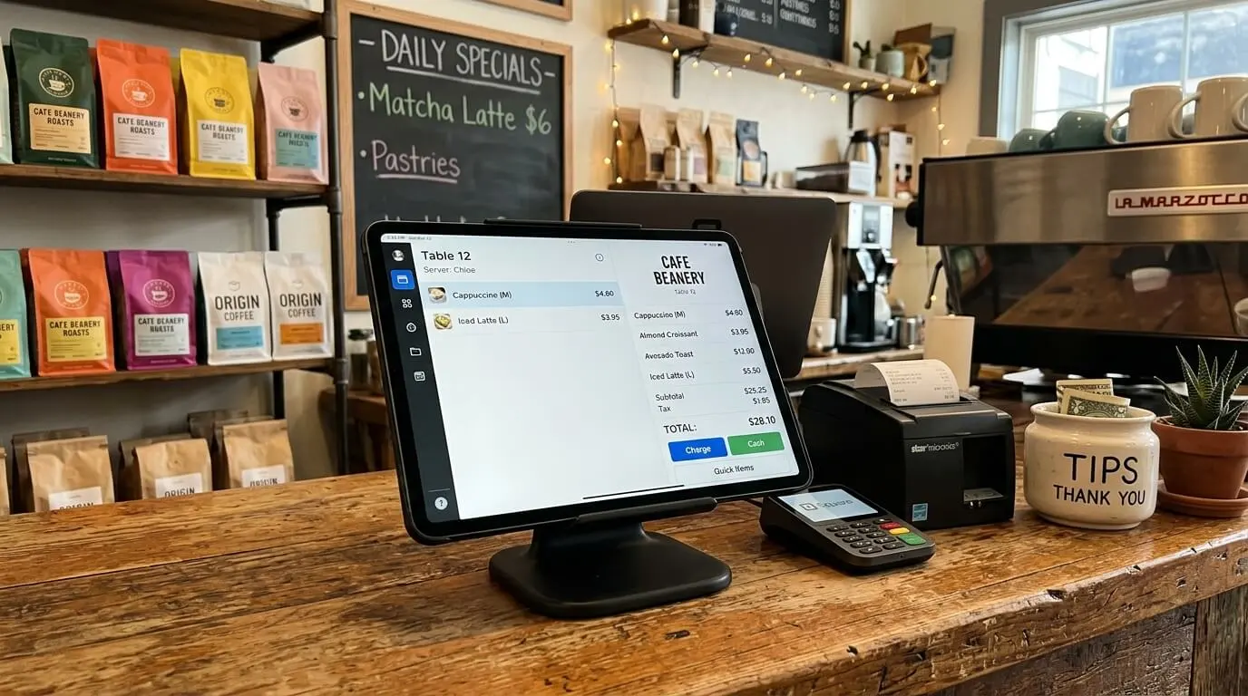 A handheld mobile-style photo of a tablet POS system on a cafe counter with a blurred background of coffee products.