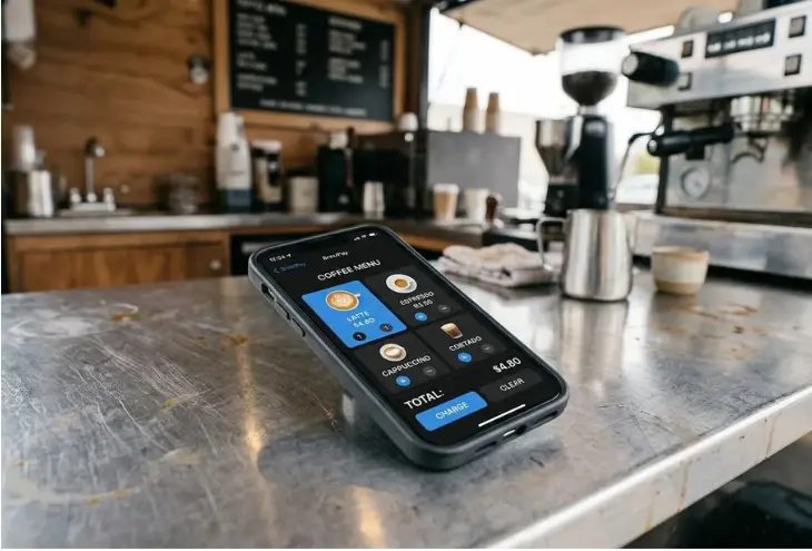 A smartphone on a coffee cart counter showing a quick-select billing menu for different coffee drinks.