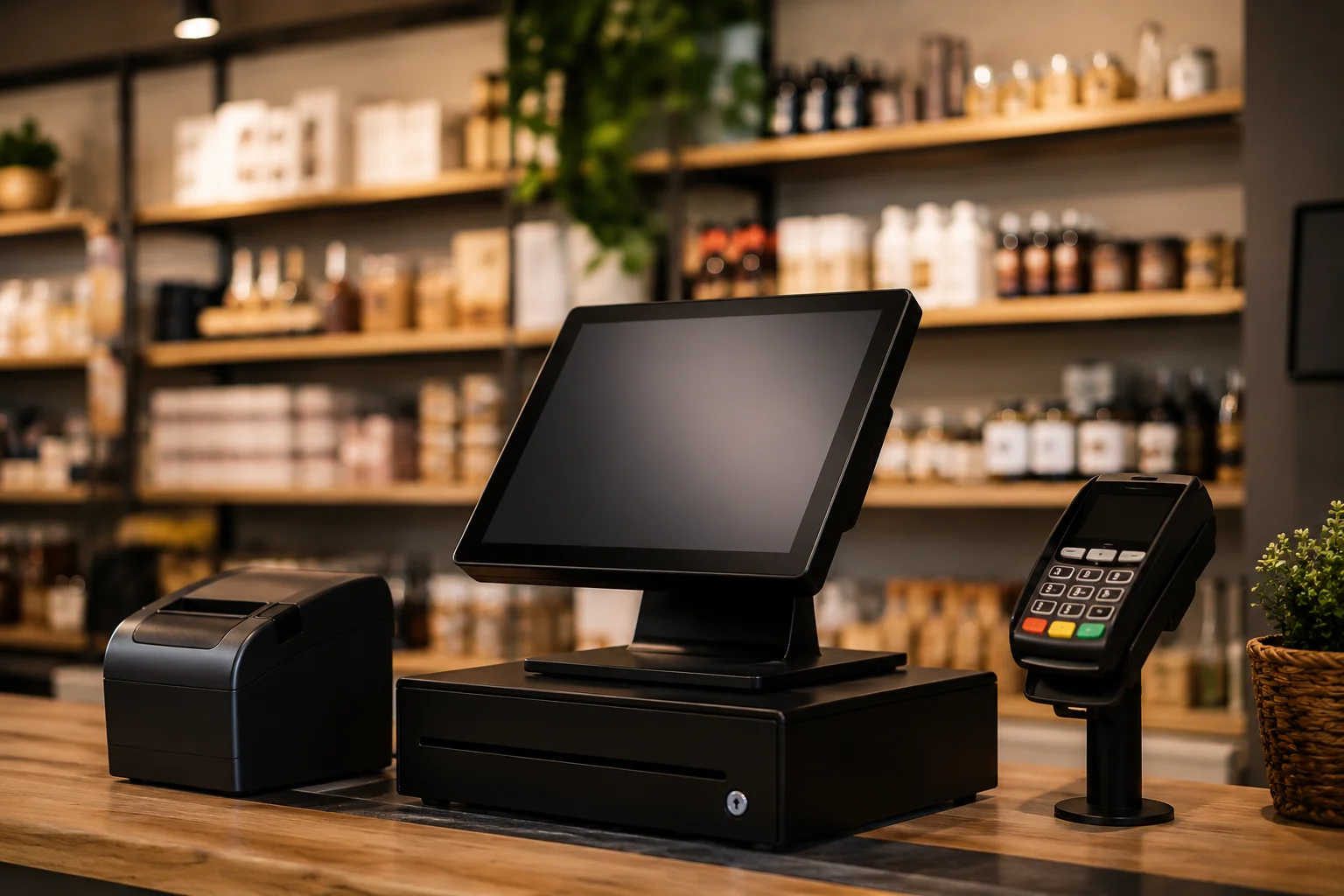 Modern POS software setup in a retail store showing touchscreen billing system, cash register, and card payment terminal