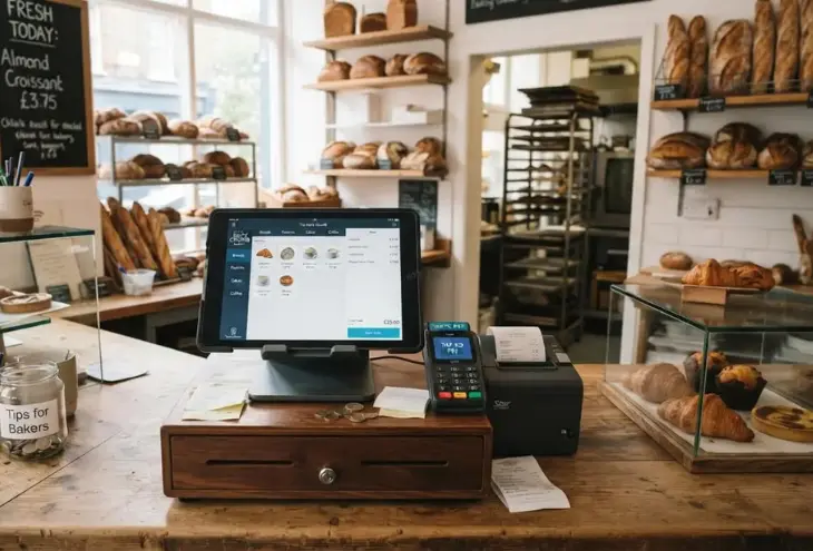 Modern POS software for bakeries in Pakistan displaying digital billing and inventory management at a bakery checkout counter.