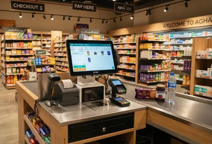 A modern touchscreen point-of-sale terminal on a white marble counter in a high-end clothing boutique.
