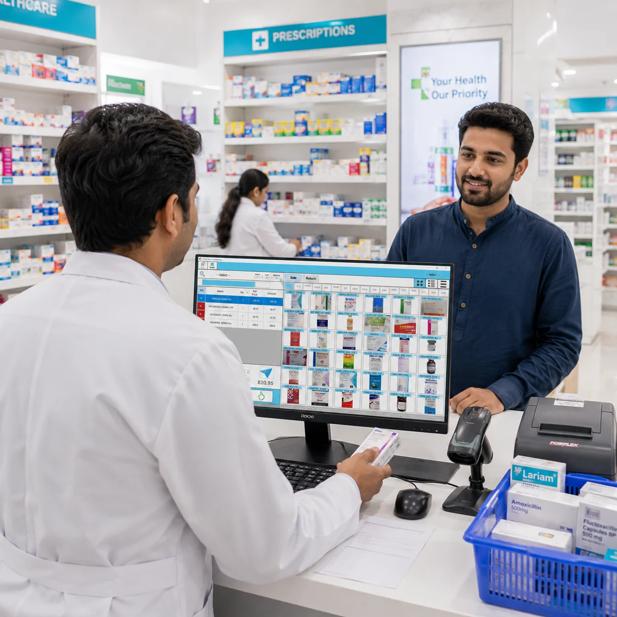 Pharmacist using Pharmacy Management System software on a desktop computer while serving a customer at a modern pharmacy counter.
