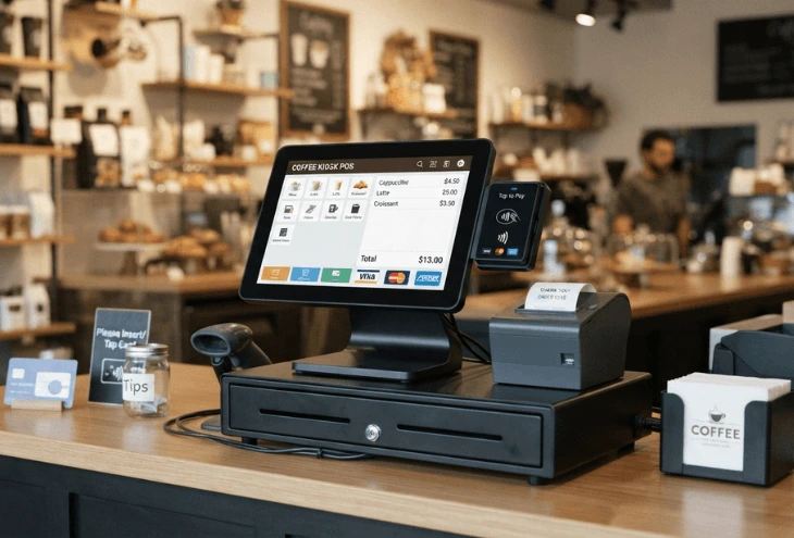Modern POS software in Lahore with touchscreen billing system, barcode scanner, receipt printer, and contactless payment terminal in a retail store.